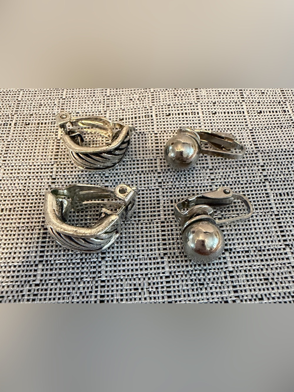 Silver Tone Clip-On Earrings Duo - Polished & Textured Styles